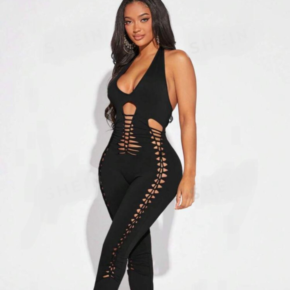 Sexy Black Tank Jumpsuit Pantsuit Snip Cut-out Halter Stretch Unitard Large